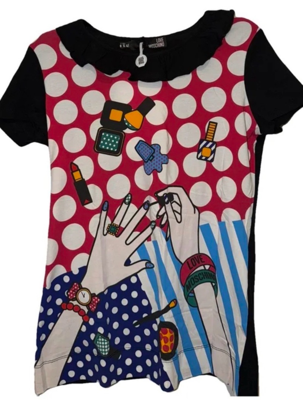 Moschino Black and Red Polka Dot Graphic Tee with Multi-Color Print